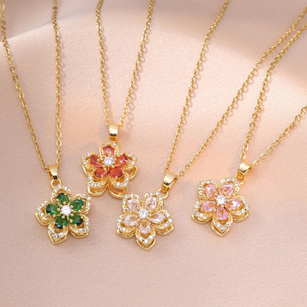 BloomSpin-Zircon Flower Necklace 🌸💎 Elegance in Motion