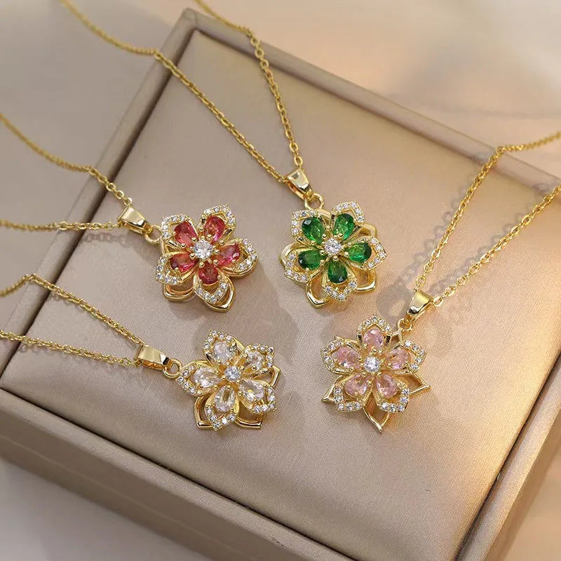 BloomSpin-Zircon Flower Necklace 🌸💎 Elegance in Motion